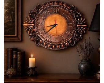 Bronze Roman Numeral Clock, Greek Key Pattern, Horizontal Ash Wood Wall Clock, Ancient Greek Decor, Large Oval Wall Art, Masculine Gift