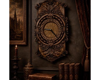 Antique Gothic Clock, Victorian Dark Academia Decor, Carved Wood Wall Clock, Ornate Baroque Style, Luxury 5th Wood Anniversary Gift
