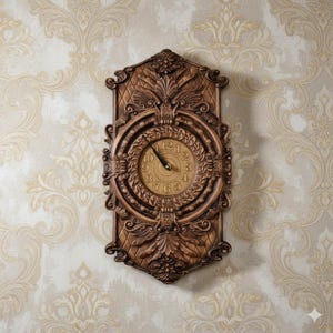 May include: A decorative brown wall clock with an elaborate carved design. The clock face features Roman numerals and hands showing 10:08. The clock is set in a rectangular frame with floral and scrollwork details, offering a vintage style.