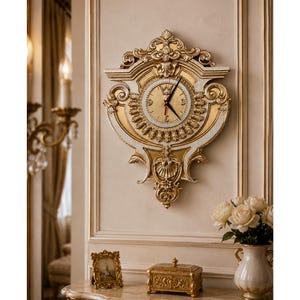 May include: A wall clock with an ornate gold and white frame featuring intricate scrollwork and a central crown emblem on the clock face. The circular dial has black hands and numerals, surrounded by a decorative border with leaf-like details.
