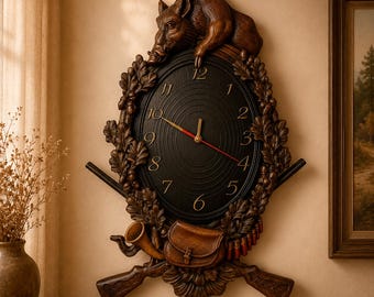 Huntsman Wall Clock, Hunting Wall Clock, Wild Boar Decor, Carved Wooden Clock, Rustic Lodge Wall Decor, Hunter Gift, Cabin Wall Clock