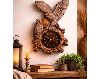 Reloj de pared grande de madera con forma de búho, tallado a mano con motivos de la naturaleza del bosque, regalo único para amantes de los búhos.