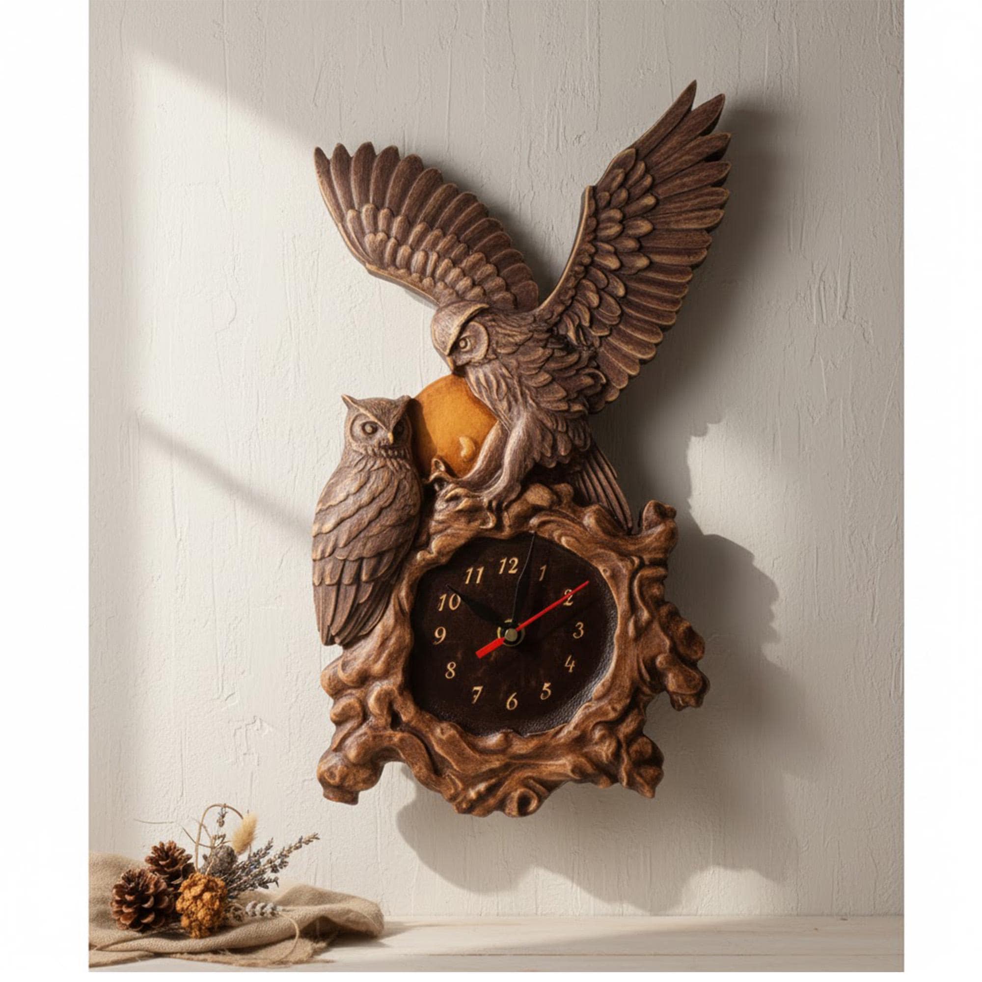Owl Wall Clock, Carved Wood Great Horned Owl Decor, Rustic Log Cabin Wall Art, Cottagecore Woodland 