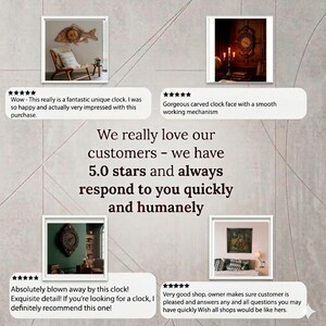 May include: A promotional graphic featuring four customer reviews with five-star ratings and images of various wall clocks. The central text states: We really love our customers - we have 5.0 stars and always respond to you quickly and humanely.