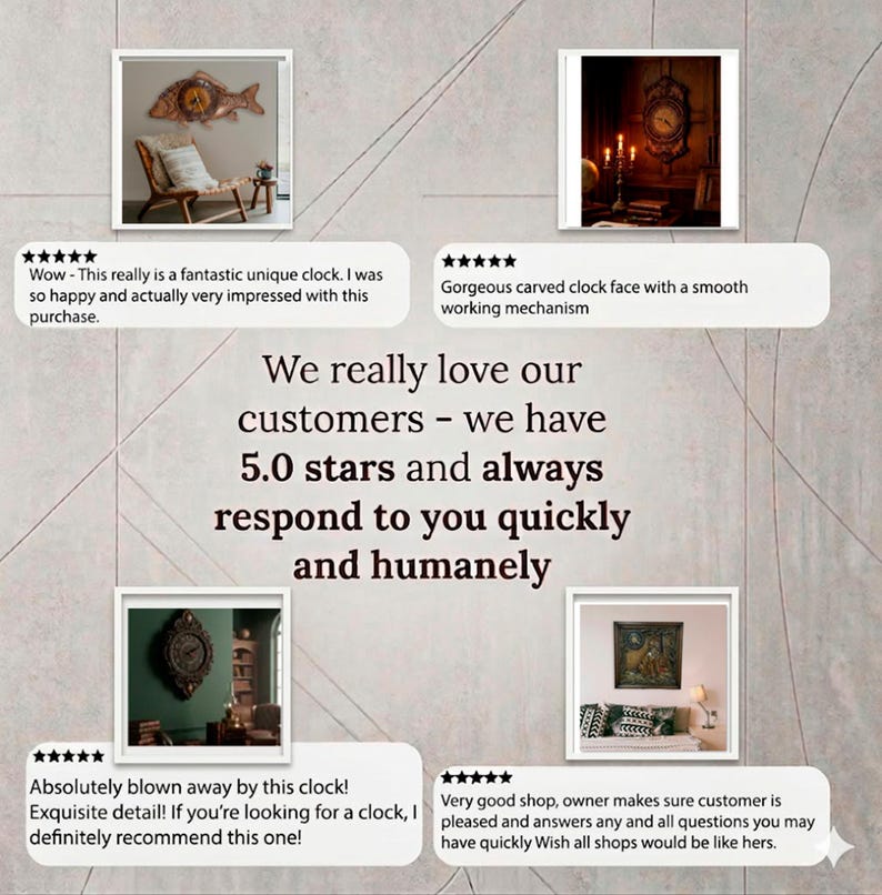 May include: A promotional graphic featuring four customer reviews with five-star ratings and images of various wall clocks. The central text states: We really love our customers - we have 5.0 stars and always respond to you quickly and humanely.