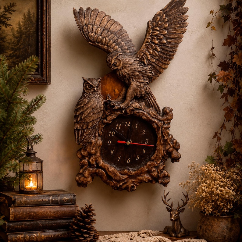 May include: A wall clock featuring a sculpted brown owl with wings spread wide above a second perched owl. The clock face is dark brown with gold-coloured numbers and red hands, set within a textured, branch-like frame with a rustic finish.