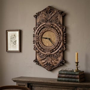 Puede incluir: Reloj de pared marrón ornamentado con un diseño tallado detallado. El reloj presenta números romanos y adornos decorativos. También se ve una impresión botánica enmarcada y una pila de libros.