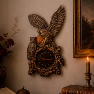 May include: A wall clock featuring a sculpted brown owl with outstretched wings perched above a smaller owl. The clock face is dark with gold numerals and red hands, set within a textured, branch-like frame that resembles weathered wood.
