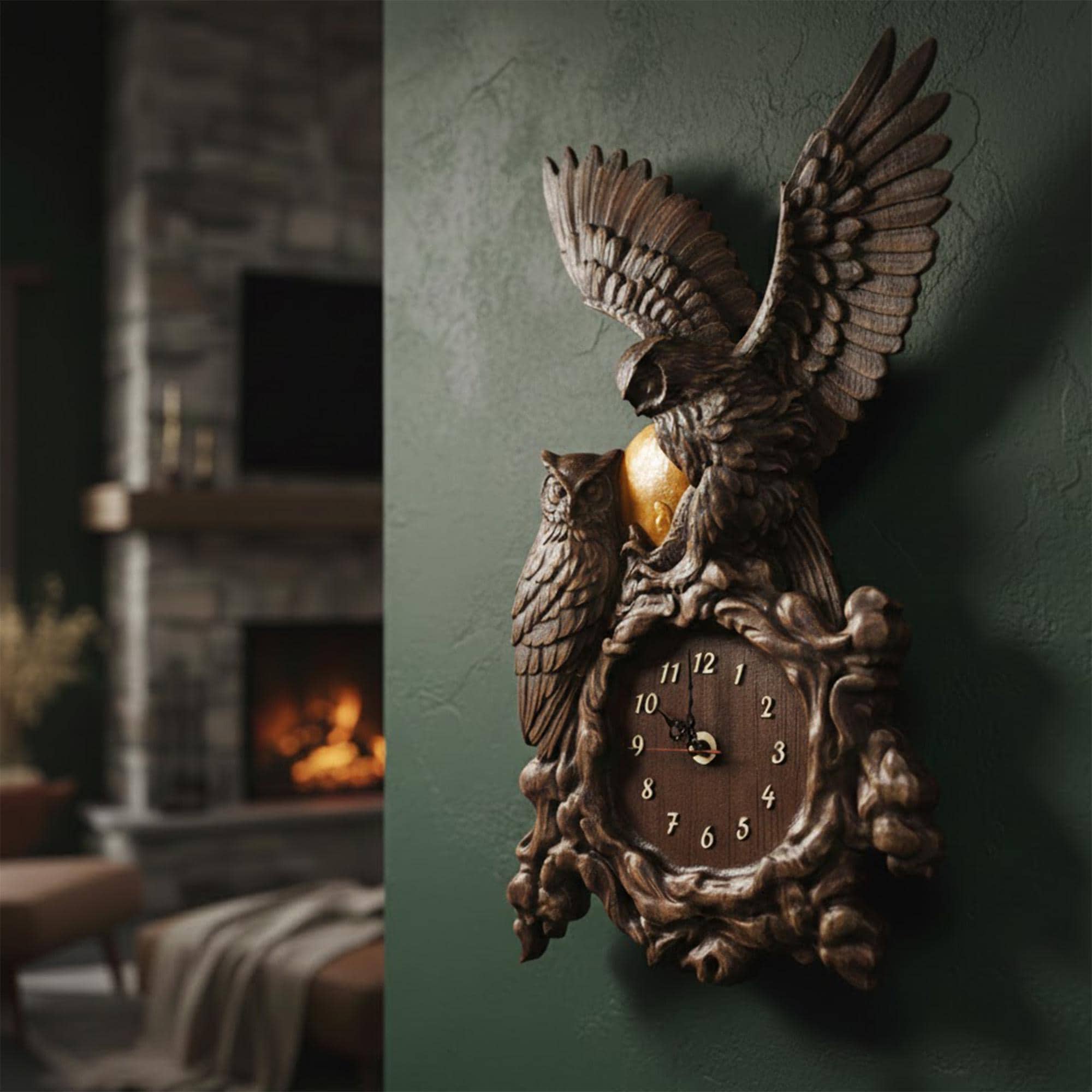 Owl Wall Clock, Carved Wood Great Horned Owl Decor, Rustic Cabin Wall Art, Woodland Cottagecore Gift