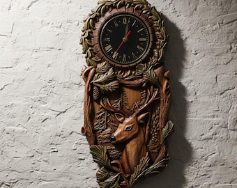 Wooden Deer Wall Clock, Carved Wood Wildlife Clock for Hunting Decor, Huntsman Gift or Cabin