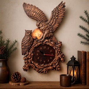 May include: A brown owl-themed wall clock with a detailed, textured design. The clock features two owls, one with outstretched wings, and a round clock face with black numbers and red hands. The clock is mounted on a wall.