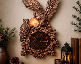 Flying Owl Wall Clock,Carved Woodland Art, Full Moon Night Forest Decor,Large Barn Owl Gift,Mystical Silent Wood Clock,Cabin Statement Piece