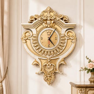 Könnte beinhalten: Eine Wanduhr mit einem verzierten gold-weißen Rahmen mit komplexen Schnörkeln und geschnitzten Details. Das runde Zifferblatt hat einen goldenen Hintergrund, ein kleines Kronensymbol oben, schwarze Zeiger und einen dünnen roten Sekundenzeiger.