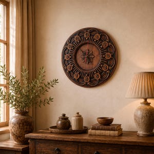 Carved Wood Wall Clock with Arabic Numerals, Pagan Viking Wall Decor, Dark Academia & Slavic Sacred Geometry Clock