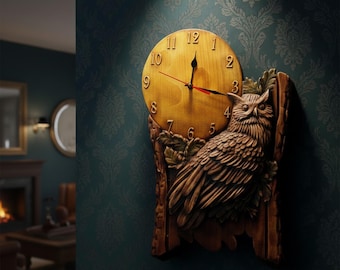 Wooden Owl Moon Wall Clock, Nature Lover Gift, Forest Decor Cabin Carved Clock