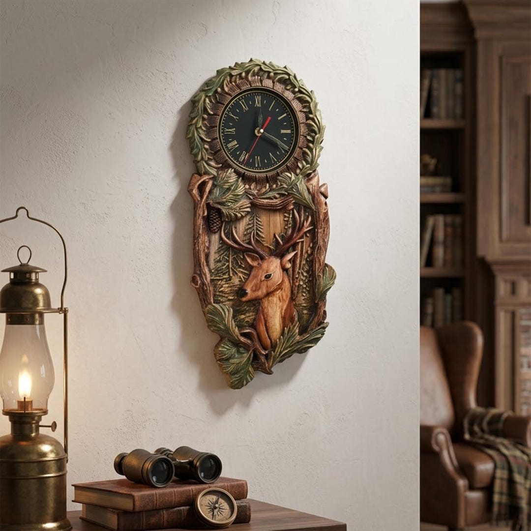 Deer Wall Clock Wooden, Carved Animal Art, Rustic Cabin Decor Large ...