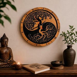 Pode incluir: Um relógio de parede redondo de madeira com um design Yin Yang apresentando uma árvore da vida. O relógio tem uma moldura de madeira marrom clara e um mostrador preto e marrom. Os ponteiros do relógio são vermelhos. O relógio é exibido com uma estátua de Buda e outros itens decorativos.