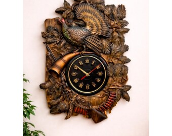 Hunting Wall Clock with Pheasant, Wood Carving Decor for Cabin, Rustic Hunter Gift Idea