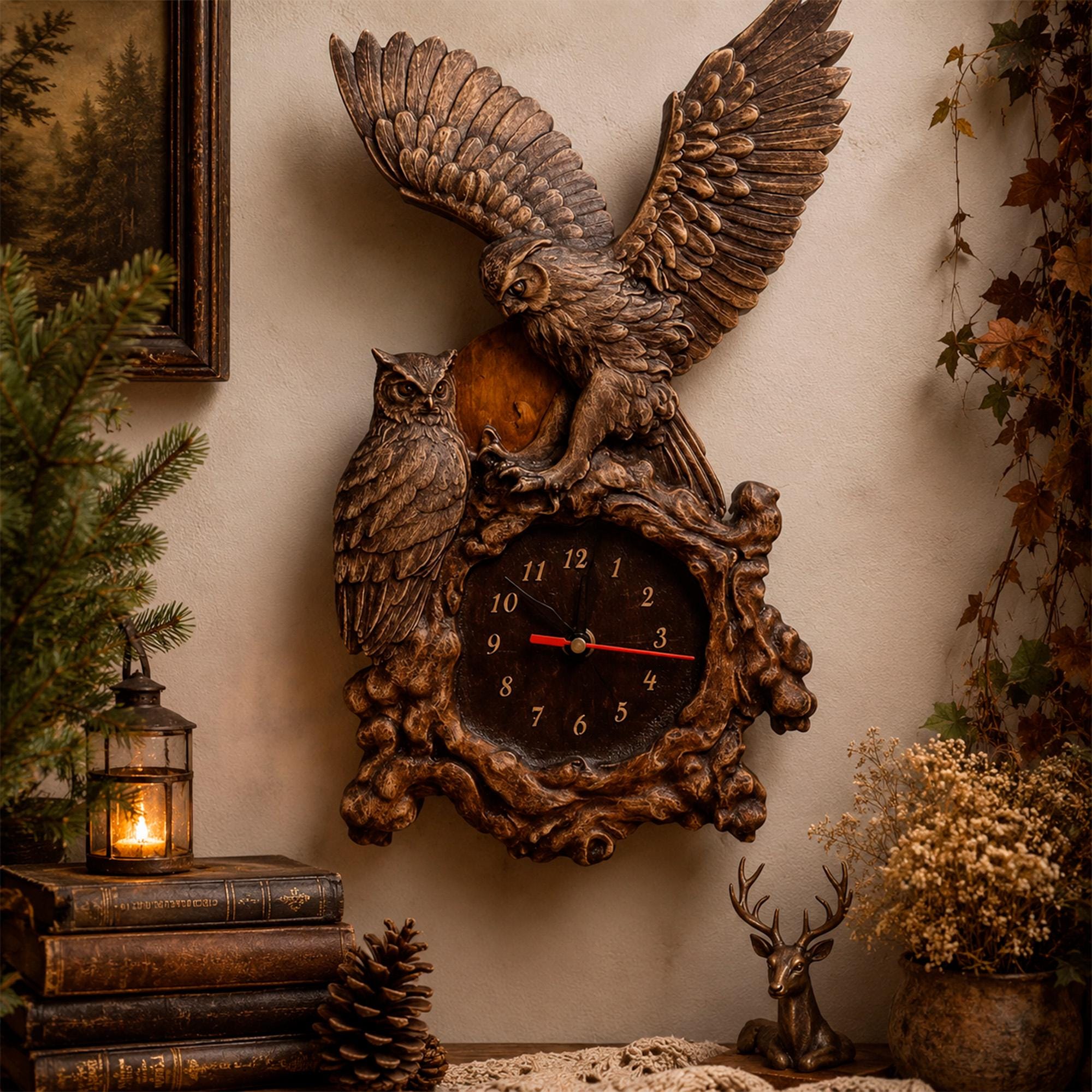 Forest Owl Wall Clock, Cottagecore Wood Carving, Whimsigoth Home Decor, Large Cabin Wall Art, Nature