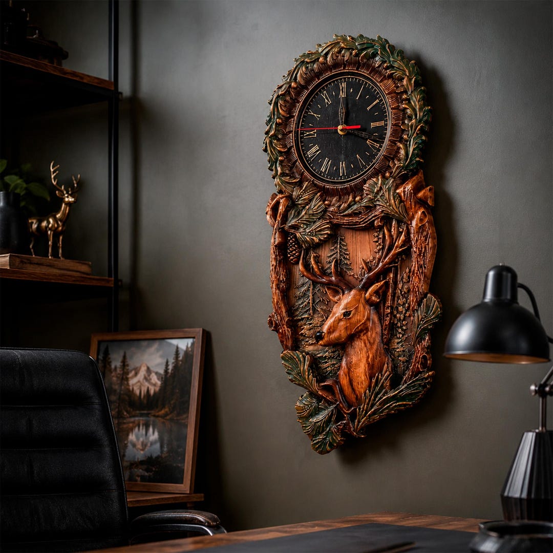 Black Forest Deer Wall Clock, Carved Solid Ash Wood Clock, Antique ...