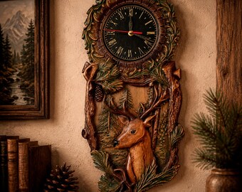 Deer Wall Clock, Carved Wood Clock, Huntsman Hunting Cabin Decor, Woodsy Wildlife Wall Decor, Rustic Forest Clock, Hunter Gift for Men