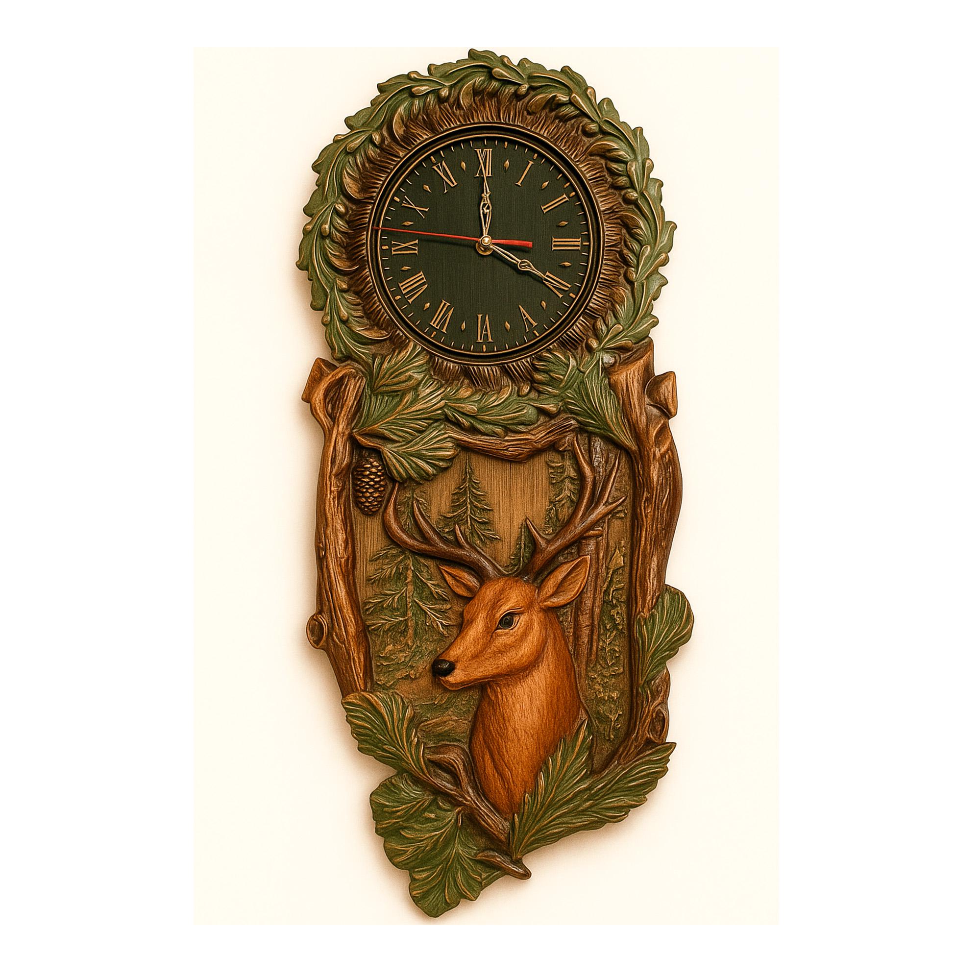 彫刻された鹿の壁掛け時計、ユニークなハンターギフト、ロッジの男の