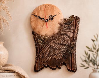 Wooden Owl Wall Clock, Rustic Woodland Decor for Cabin, Lodge & Farmhouse Homes, Animal Wood Clock
