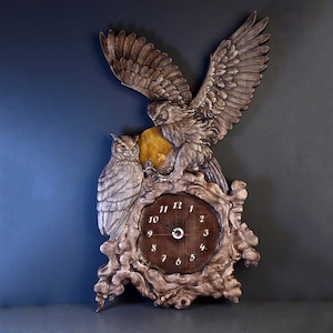 Hand-Carved Wooden Clock - Home Decor Wall Clock, Unique Owl-Themed Wooden Wall Clock - Handcrafted Carved Design