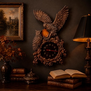May include: A wall clock featuring two sculpted owls with brown textured feathers, one perched and one with wings spread. The clock face is circular with black background, gold numerals, and red hands, surrounded by an ornate, dark brown frame.