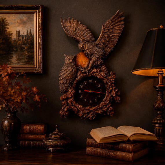 Owl Wall Clock - Woodland Wall Art, Cottagecore Carved Wood Clock, Rustic Lodge Decor, Whimsical Forest Animal Bird Lover Gift