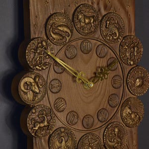Hand-Carved Zodiac Wooden Wall Clock – Rustic Astrology Home Decor – Horoscope Clock Gift