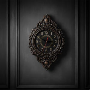 May include: An ornate wall clock featuring a dark, textured frame with intricate scrollwork and decorative carvings. The clock face is black with gold-toned Arabic numerals, a central sunburst pattern, and thin black hands with a bright red second hand.