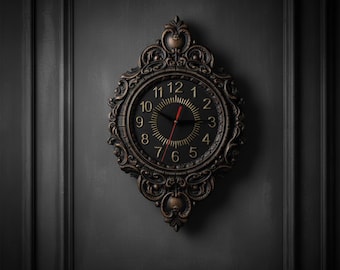 Gothic Wall Clock, Black Carved Wood, Dark Academia Decor, Victorian Steampunk Ornate Home Gift