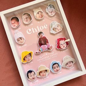 Può includere: Un espositore di foto per bambini con cornice bianca e sfondo rosa. L'espositore presenta più foto di bambini etichettate con i mesi, il nome "Chloé" e il testo "PREMIÈRE ANNÉE 26 OCTOBRE 2024".
