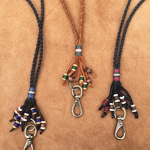 Handmade Leather ID Badge Lanyard: Beaded Fringe, Brass Hardware