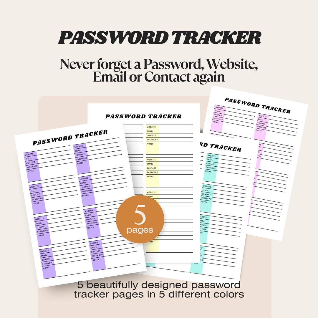 Password Tracker Printable | 5 Color Email Log Pages | Secure Password ...