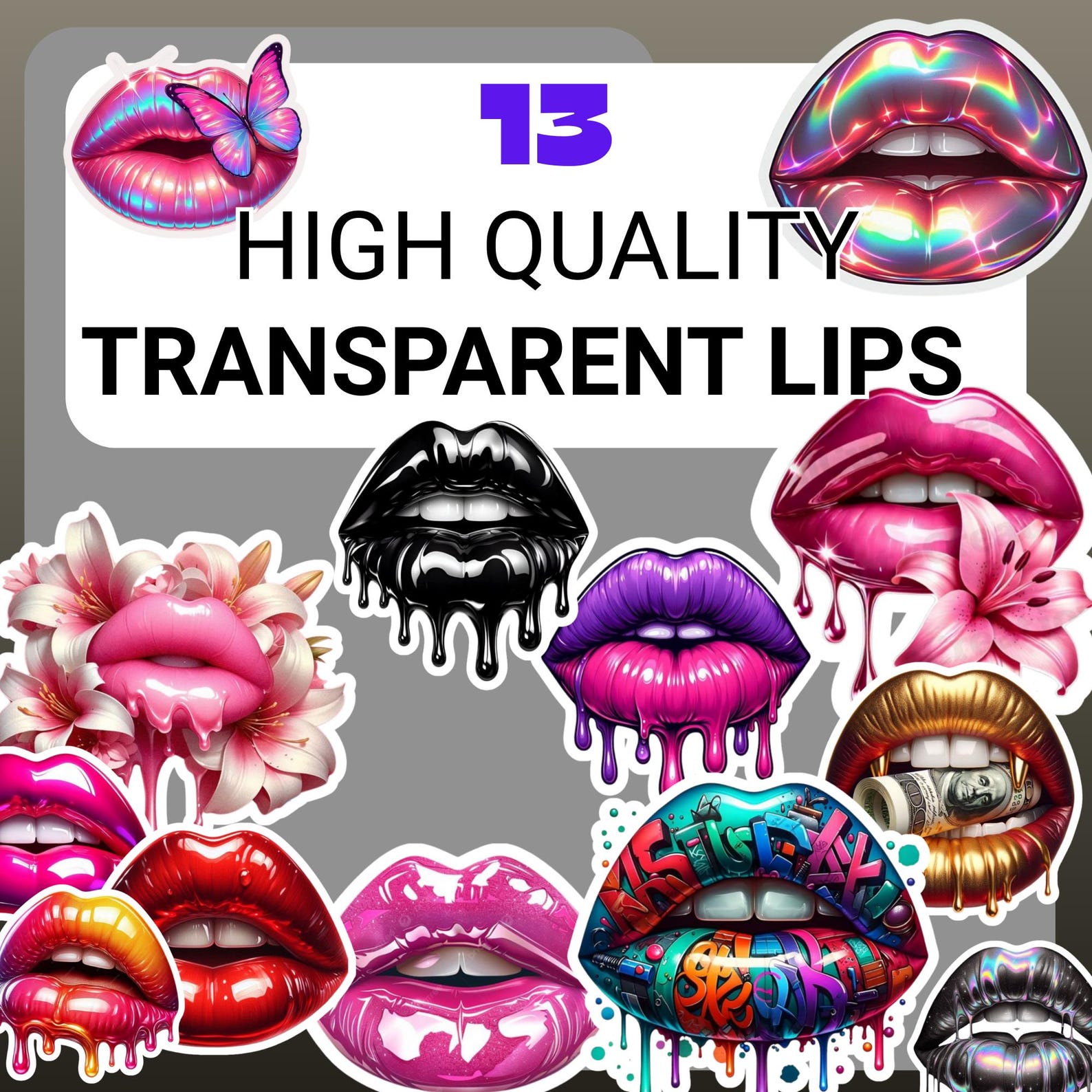 Lip Sticker Print 13 Glossy Dripping Lips Stickers | Kiss Lips Clipart PNG | Trendy Lip ...