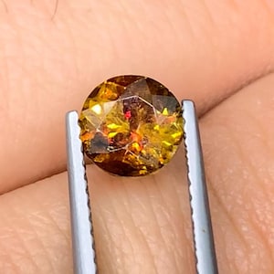 以下が含まれることがあります： 銀色のピンセットで保持された、丸いファセットカットの宝石。 宝石は、金色、琥珀色、赤褐色の混合色を示し、内部のファセットが見えます。 この宝石は、ジュエリーに適した、おそらく貴重な宝石または半貴石です。