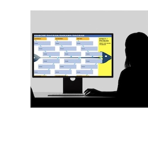 May include: A computer monitor displaying a yellow and white fishbone diagram with blue text boxes and a blue fish head and tail. The screen shows the text "CAUSE AND EFFECT DIAGRAM" at the top and "FISHBONE DIAGRAM" on the right side.
