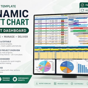 Peut inclure: Un modèle Excel numérique pour un diagramme de Gantt dynamique et un tableau de bord de projet affiché sur un écran. L'interface présente des échéanciers, un suivi de progression, des budgets, des graphiques et des étiquettes.