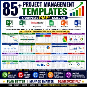 Puede incluir: Una colección digital de más de 85 plantillas de gestión de proyectos con iconos para MS Project, Excel, ProjectLibre, Google Sheets, PowerPoint y MS Word. El gráfico muestra veinte vistas previas de documentos etiquetados, incluyendo diagramas de Gantt, matrices RACI y paneles.