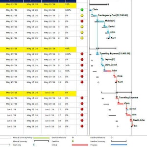 May include: A project management Gantt chart displaying task schedules, start and finish dates, percentage completion, and status indicators. The chart includes columns for task names, dates, and progress, alongside a timeline with milestones and dependencies.