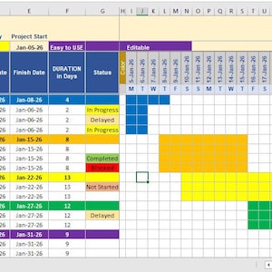 Diagrama de Gantt dinámico de Excel / Cronograma PMP / Hoja de cálculo de seguimiento de proyectos / Construcción / (Plantilla digital de Excel)