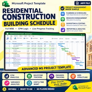 May include: A Microsoft Project template for a residential construction building schedule. The digital interface displays a Gantt chart with task names, durations, start and finish dates, and progress percentages. Text includes Project Management Made Simple and Advanced MS Project Template.