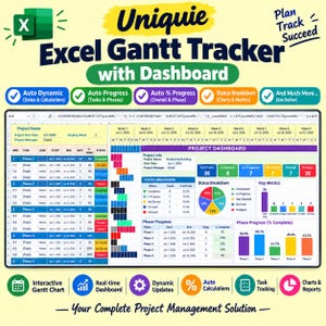 Excel Gantt Chart Tracker with Dashboard | Project Management Planner | Progress Tracking | Dynamic Project Timeline