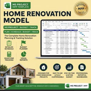 May include: A digital MS Project MPP template for home renovation planning, featuring a laptop screen displaying a project schedule, budget, and tracking data. The graphic includes text labels, icons for milestones and reports, and a house illustration.