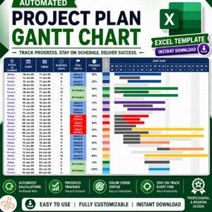 May include: An automated project plan Gantt chart Excel template featuring a detailed table with columns for start, finish, duration, task status, and progress percentage, alongside a color-coded timeline grid for June 2026 project tracking.