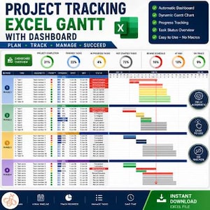 May include: A digital project tracking Excel Gantt chart template with a dashboard. The interface displays task lists, progress percentages, status indicators, and a timeline visualization. Text includes Project Tracking Excel Gantt with Dashboard, Plan, Track, Manage, Succeed, and feature highlights like Automatic Dashboard and Dynamic Gantt Chart.