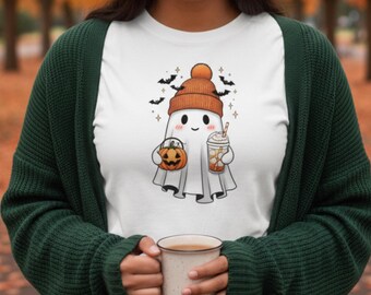 Fantasma de Outono PNG | Clipart Fofo de Fantasma de Halloween | Design Aconchegante de Camiseta Fantasma | Fantasma de Café de Outono PNG + PDF | Download Instantâneo