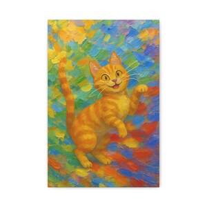 Colorful Cat Canvas Art Print, Cat Lover Wall Decor, Whimsical Home Decor, Pet Art for Kids Room, Unique Gift Idea